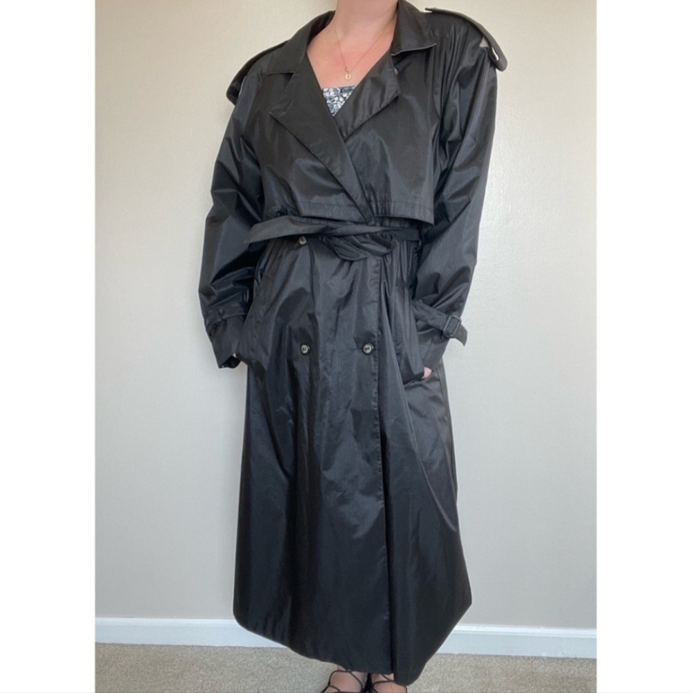 Vintage British Mist Black Double Belted Trench Rain Coat Sz 14 - Picture 2 of 10